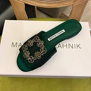 Manolo Blahnik Green Marta Crystal Buckle Silk Sandals - 2