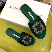 Manolo Blahnik Green Marta Crystal Buckle Silk Sandals - 4