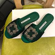 Manolo Blahnik Green Marta Crystal Buckle Silk Sandals - 3