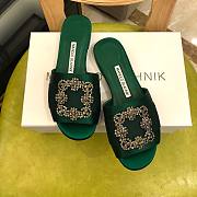 Manolo Blahnik Green Marta Crystal Buckle Silk Sandals - 6