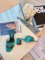 Manolo Blahnik Green Marta Crystal Buckle Silk Heeled Sandals - 4