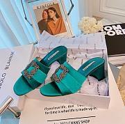 Manolo Blahnik Green Marta Crystal Buckle Silk Heeled Sandals - 1