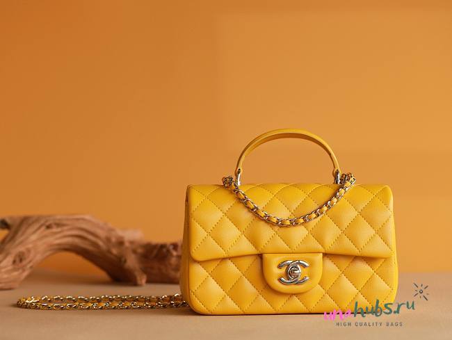 Chanel Top Handle gold hardware yellow lambskin mini bag - 1