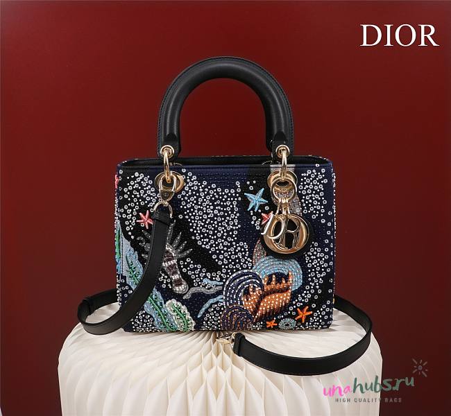 Dior Lady blue embroidered canvas hand bag - 1