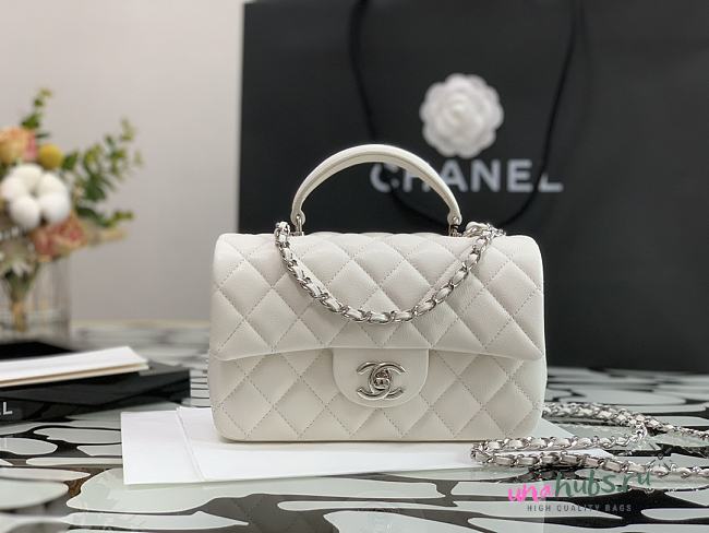 Chanel Top Handle silver hardware white lambskin mini bag - 1