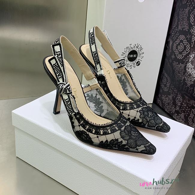 Dior Black Roses Motif Embroidered Slingback 10cm Heels - 1