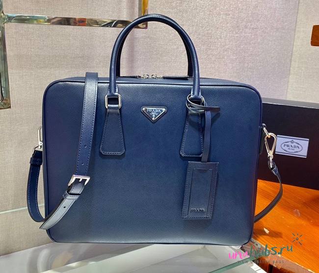 Prada Briefcase Saffiano Blue Leather Work Bag - 1