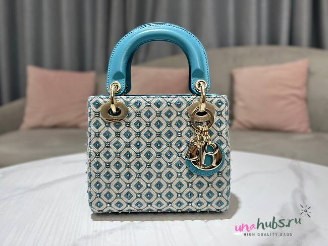 Lady Dior Mini Azure Blue Honeycomb Rhinestones Embroidery Bag - 1