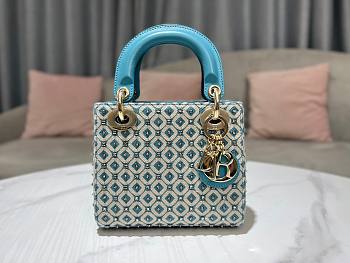 Lady Dior Mini Azure Blue Honeycomb Rhinestones Embroidery Bag