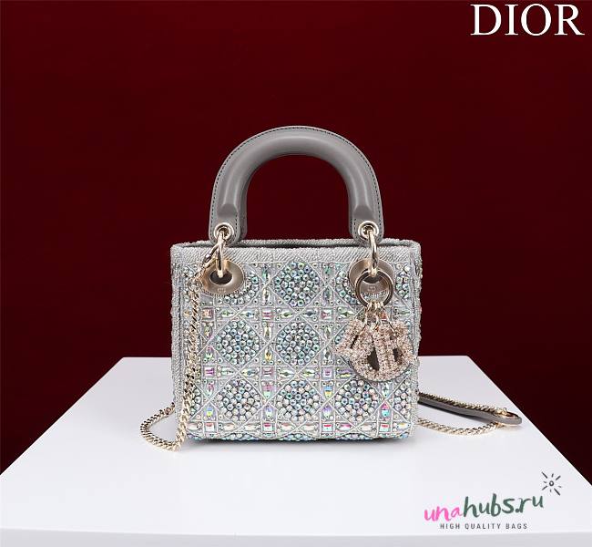 Dior Small Lady Dior Gray Satin with Bead Embroidery Bag - 1