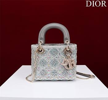 Dior Small Lady Dior Gray Satin with Bead Embroidery Bag