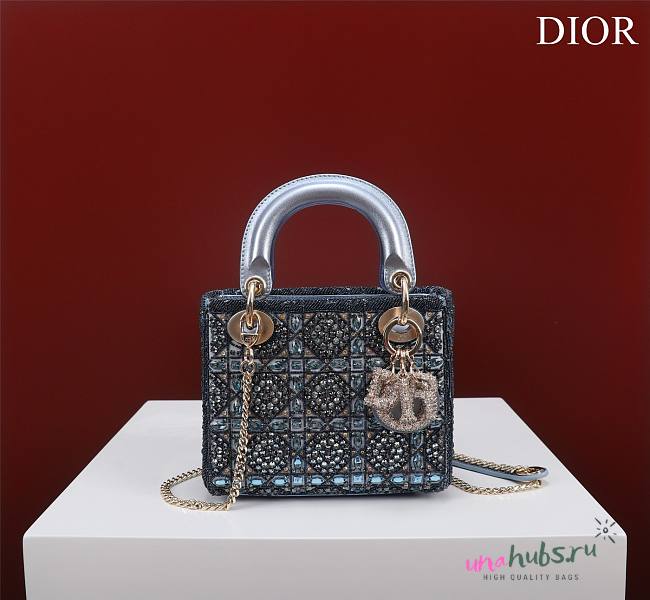 Dior Small Lady Dior Blue Satin with Bead Embroidery Bag - 1