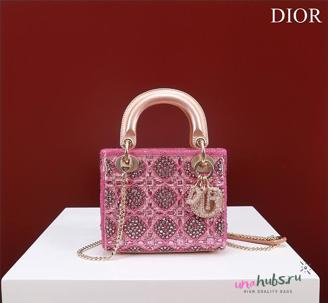 Dior Small Lady Dior Pink Satin with Bead Embroidery Bag - 1