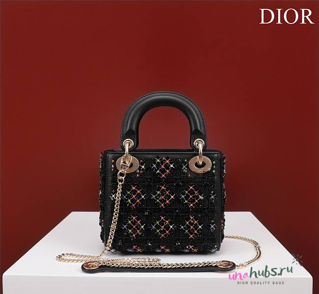 Dior Small Lady Dior Black Satin with Bead Embroidery Bag  - 1