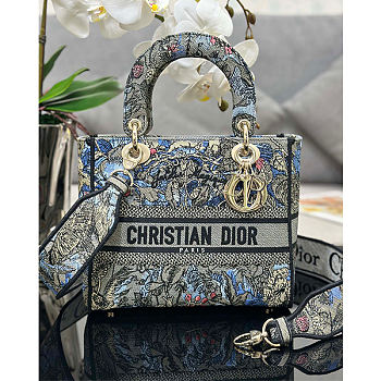 Dior Lady Medium Jardin Magique Embroidery Blue Bag
