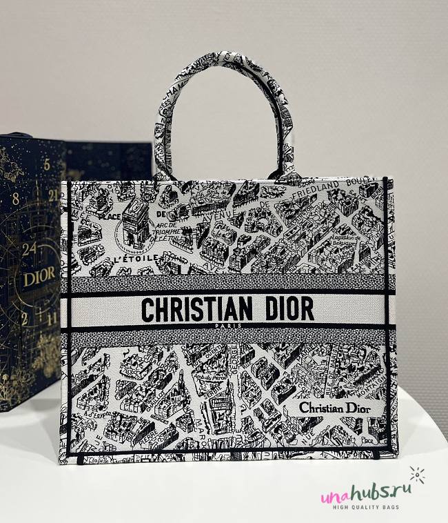 Dior Book Tote Black and White Plan de Paris Embroidery Bag - 1