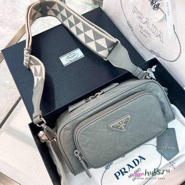 Prada Logo Plaque Zipped Grey Shoulder Bag - 1