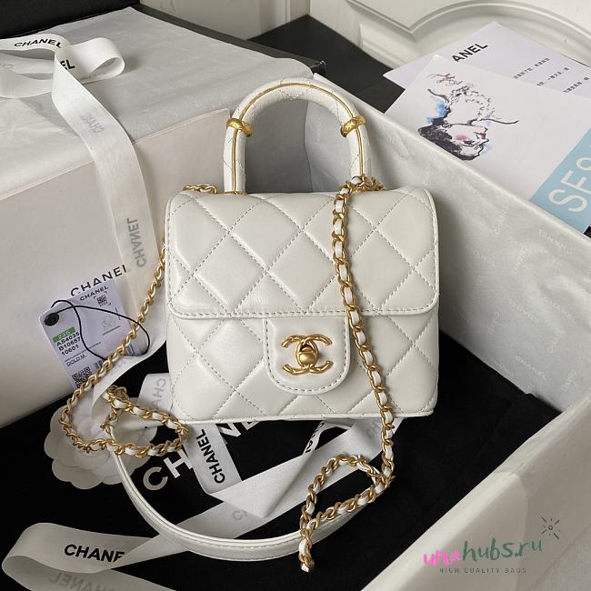 Chanel Small Handle Flap White Lambskin Bag - 1