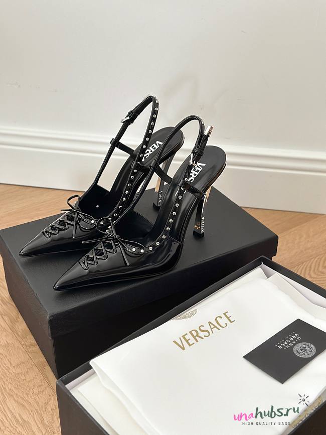 Versace Laced Pin Point Slingback Black Pumps 4cm/ 11cm - 1