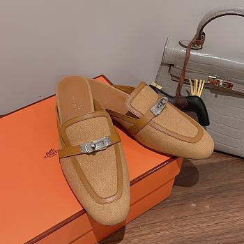 Hermes buckled espadrille brown line leather mules