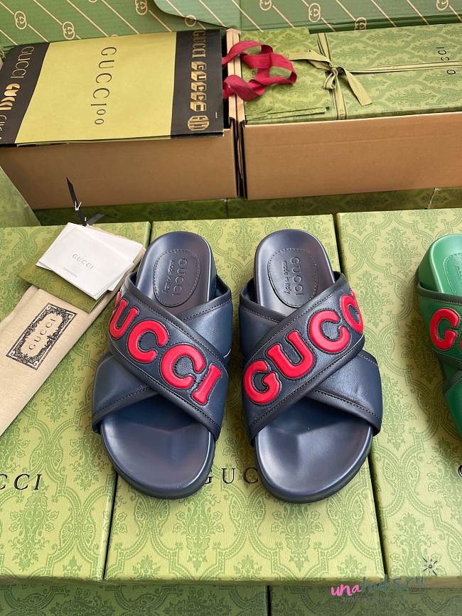 Gucci bold logo blue leather sandals - 1