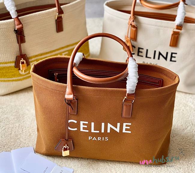 Celine Horizontal Cabas Canvas Logo Print Brown Leather Bag - 1