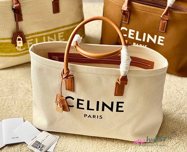 Celine Horizontal Cabas Canvas Logo Print White Bag - 1