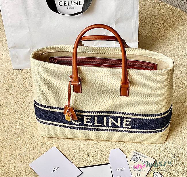 Celine Horizontal Cabas Canvas Logo Print White Blue Bag - 1