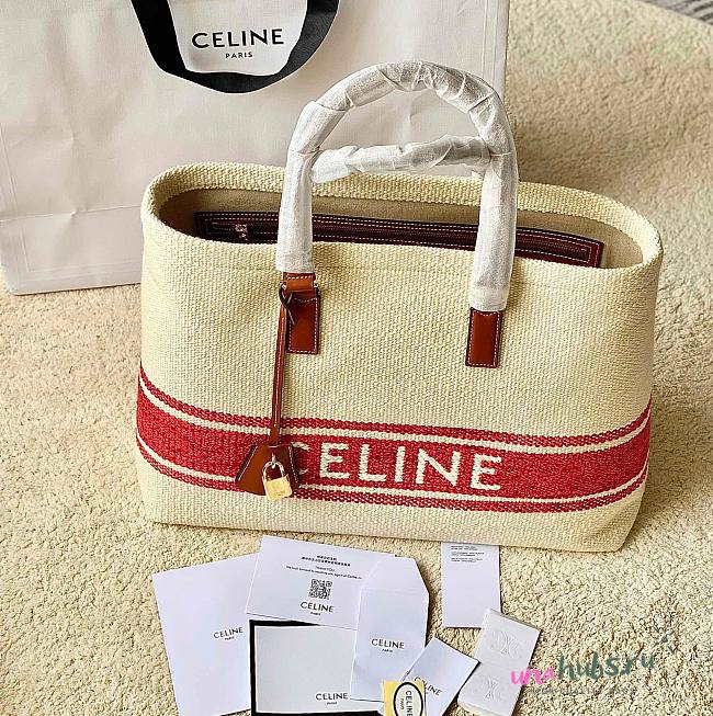 Celine Horizontal Cabas Canvas Logo Print White Red Bag - 1