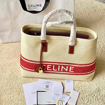 Celine Horizontal Cabas Canvas Logo Print White Red Bag