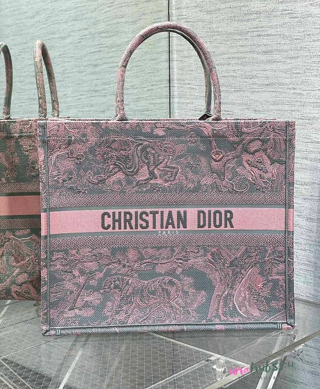 Dior Book Tote Pink & Gray Embroidery Bag - 1