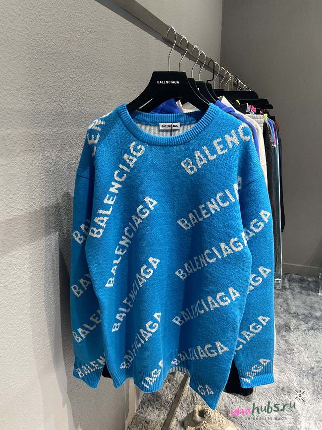 Balenciaga sky blue intarsia logo jumper sweater - 1