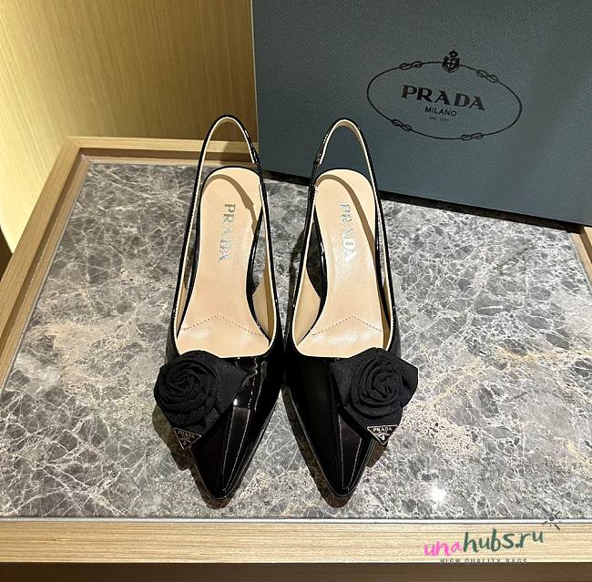 Prada 65mm Faux-flower Black Leather Pumps - 1