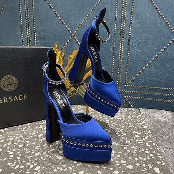 Versace Aevitas Pointy stud blue leather platform pumps