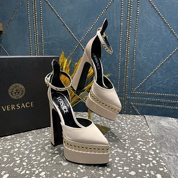 Versace Aevitas Pointy stud beige leather platform pumps