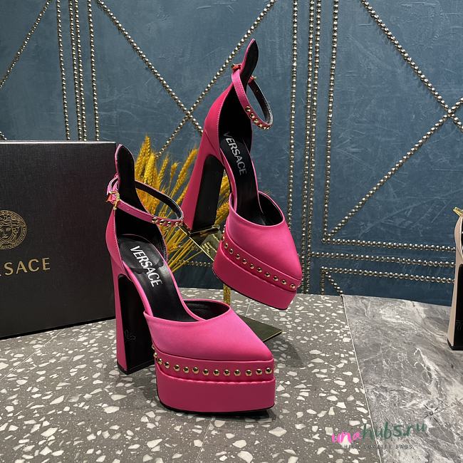 Versace Aevitas Pointy stud pink leather platform pumps - 1