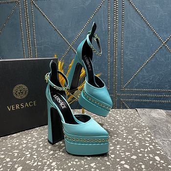 Versace Aevitas Pointy stud light blue leather platform pumps