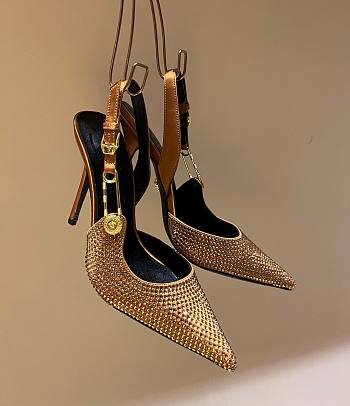 Versace Safety Pin Pointed Toe Slingback Gold Pumps 12cm