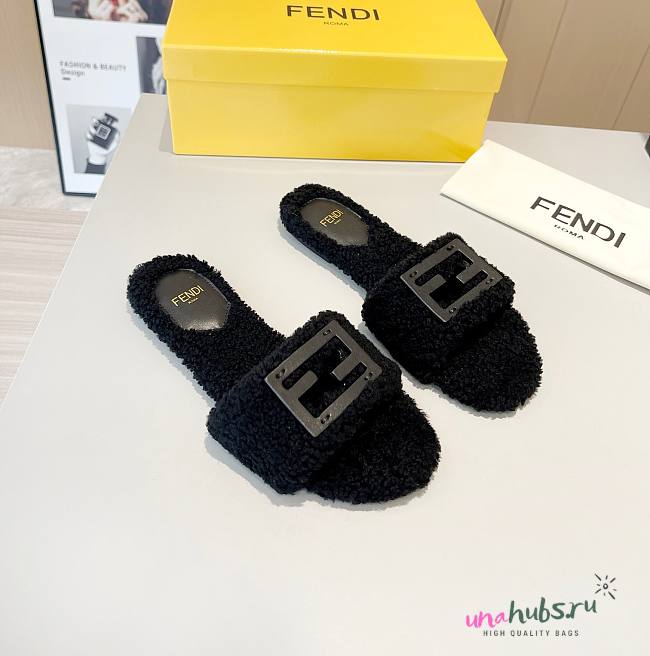 Fendi Baguette black sheepskin slides - 1