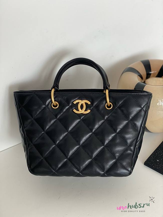 Chanel black leather tote shopping gold handle bag  - 1