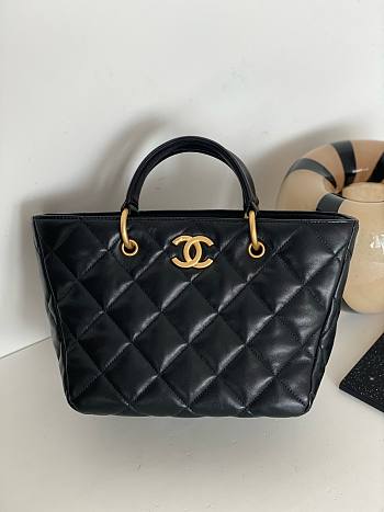 Chanel black leather tote shopping gold handle bag 