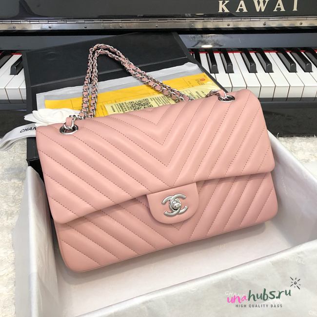 Chanel 1112 pink lambskin chevron quilted 2.55 flap bag - 1