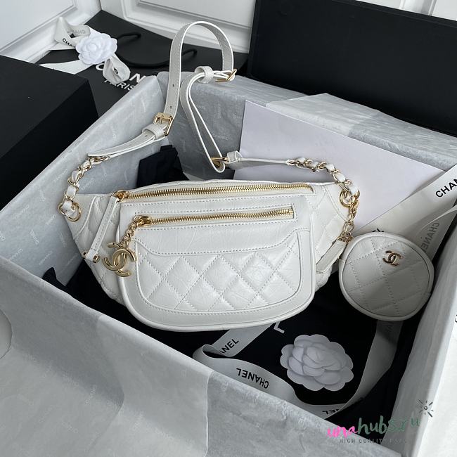 Chanel Aged Calfskin Quilted White Belt Bag - 1