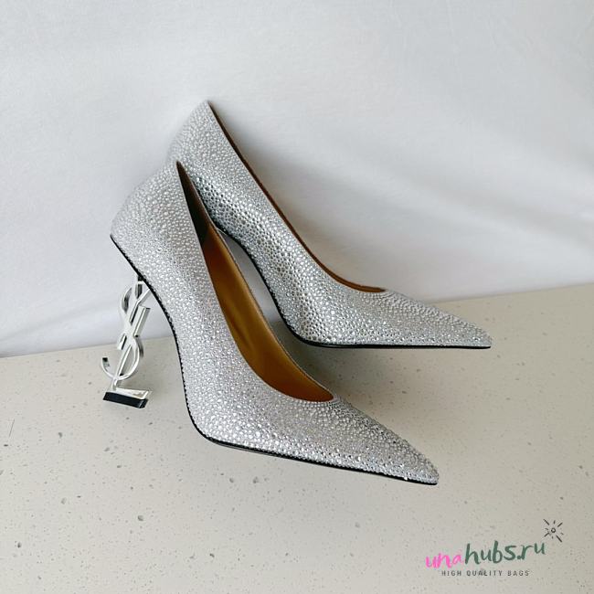 YSL Crystal Embellished Pump Silver Heels 10cm - 1