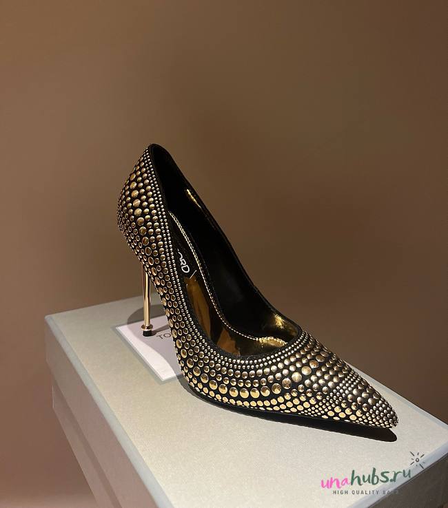 Tom Ford Gold Studded Suede Pointed Toe Pumps - 1