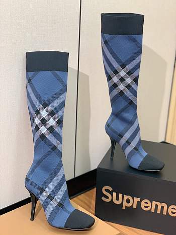 Burberry Blue Knitted Check Sock Boots 