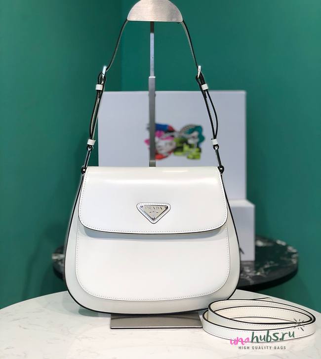 Prada Cleo Brushed White Leather Shoulder Bag - 1