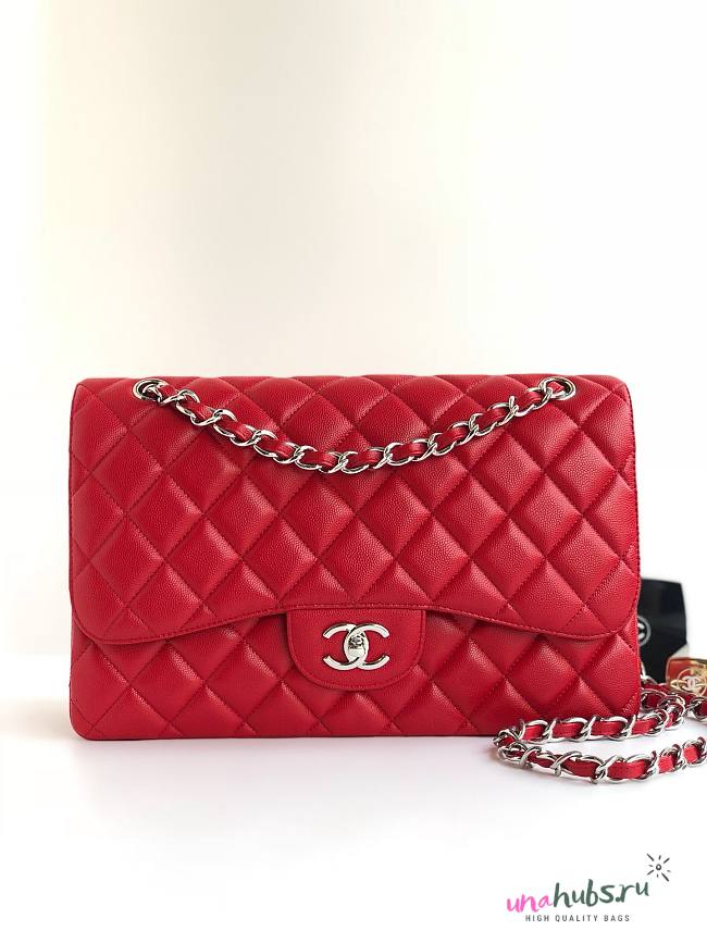 CHANEL Red Jumbo Calfskin Leather Double Flap Silver Bag - 1