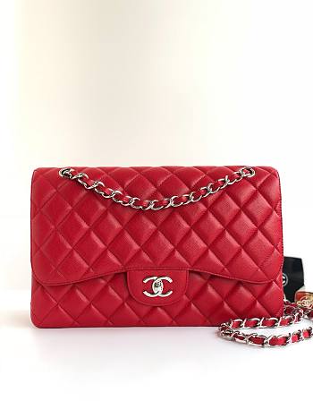 CHANEL Red Jumbo Calfskin Leather Double Flap Silver Bag