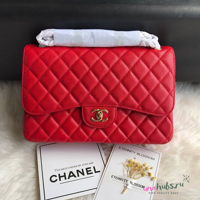 CHANEL Red Jumbo Calfskin Leather Double Flap Gold Bag - 1